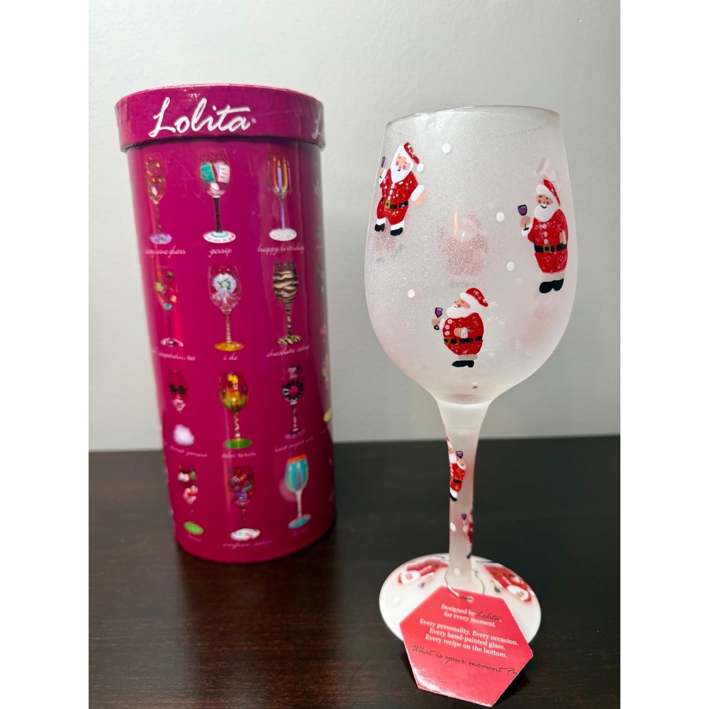 New Lolita Santas Party Hand Painted Wine Glass Frosted Christmas Holiday w/ Box